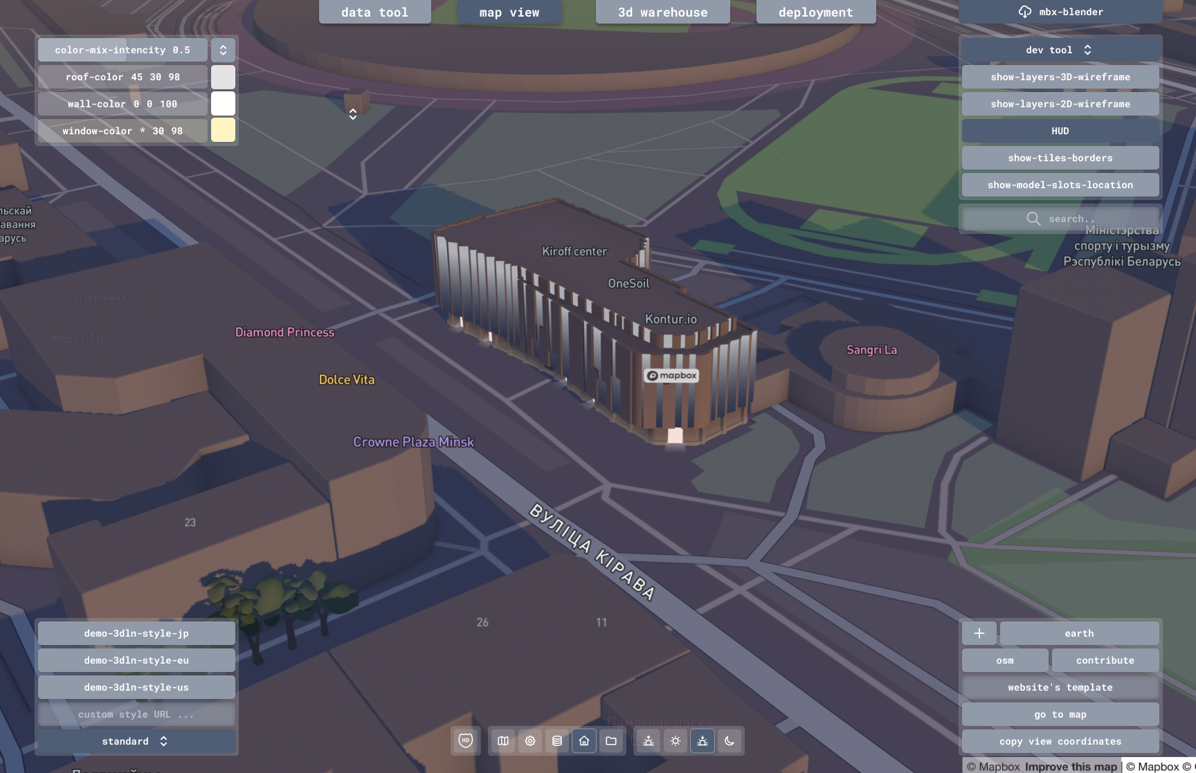 Figma prototype of the main map view screen with navigation, 3D model controls, and style selectors