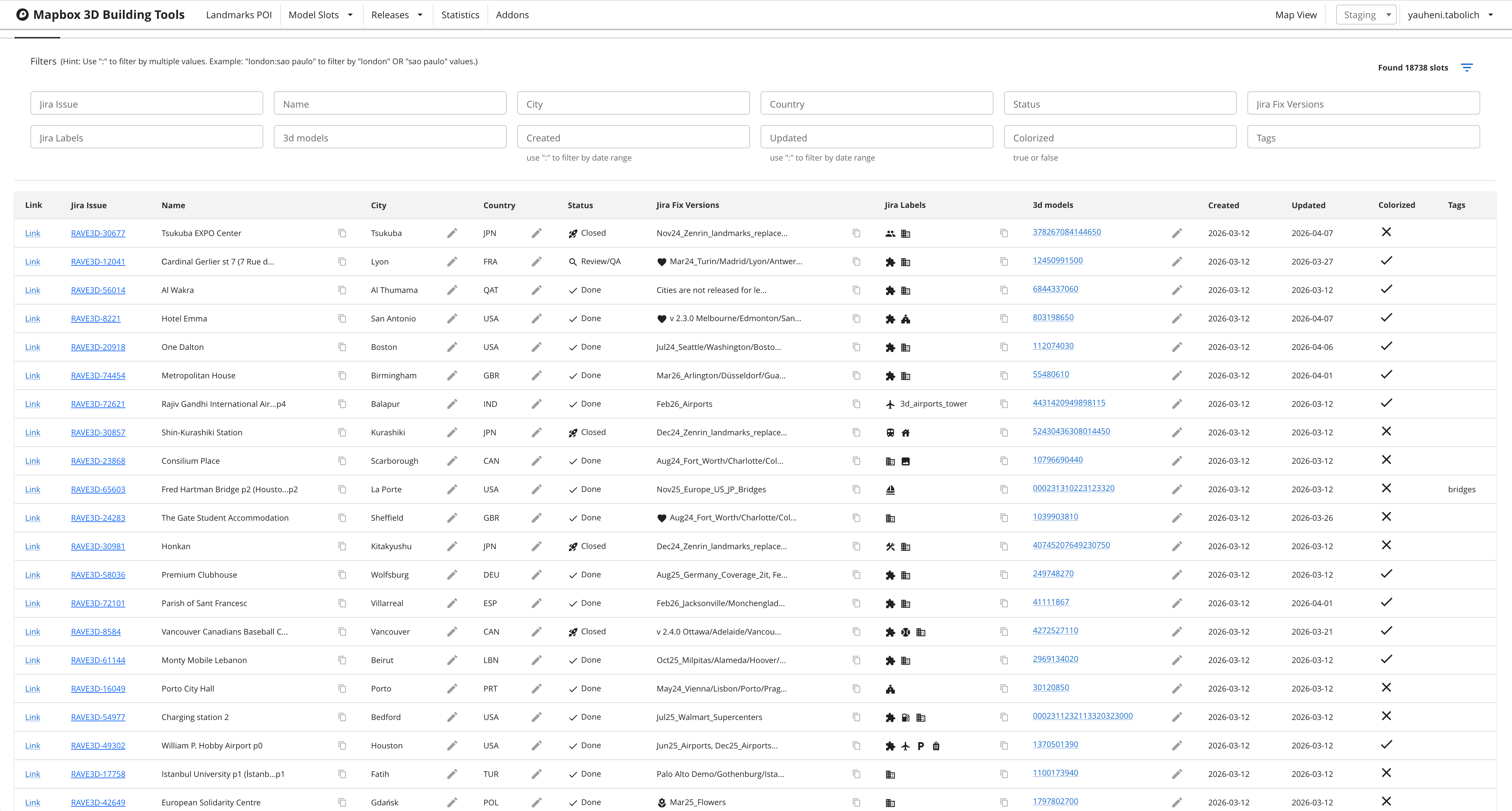 Table of 3D building models with metadata in the internal tool