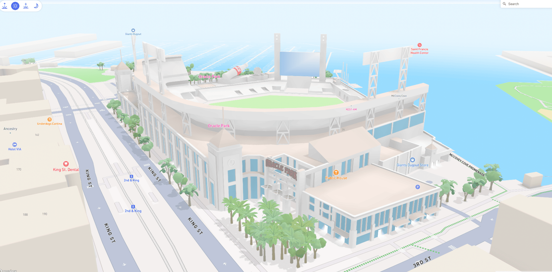 Comerica Park area in Mapbox Standard style with neutral landmark treatment