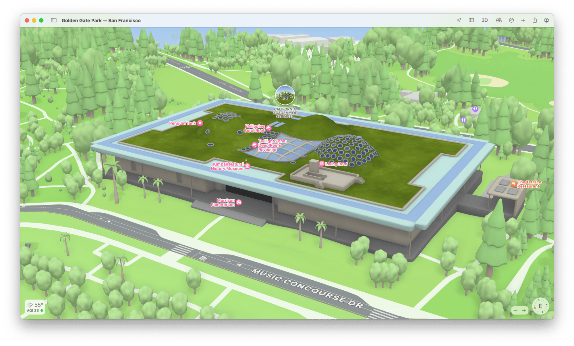 Apple Maps 3D: landmarks with warm facades and cool glass against the basemap