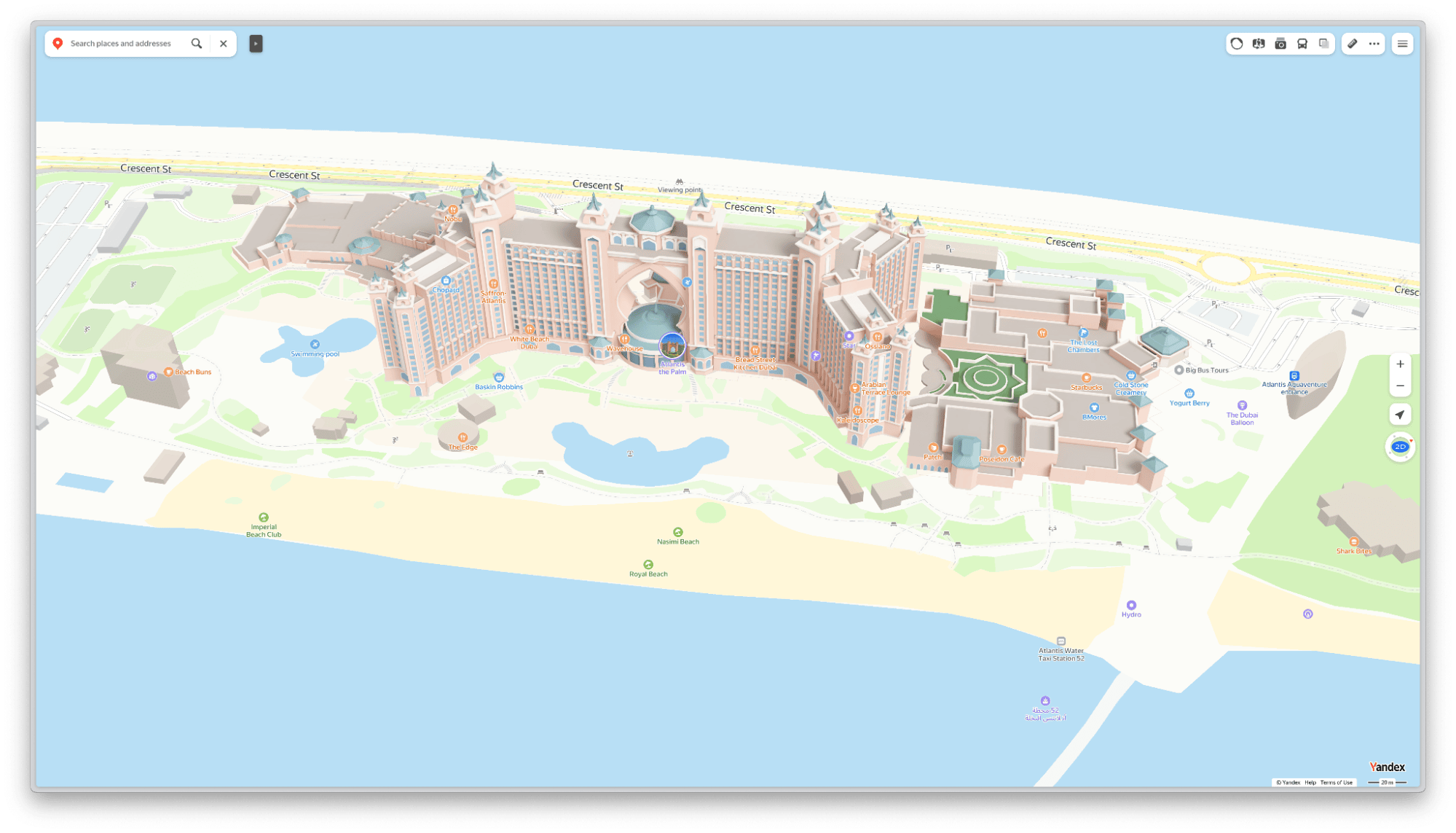 Yandex Maps: 3D landmark colour treatment against the basemap