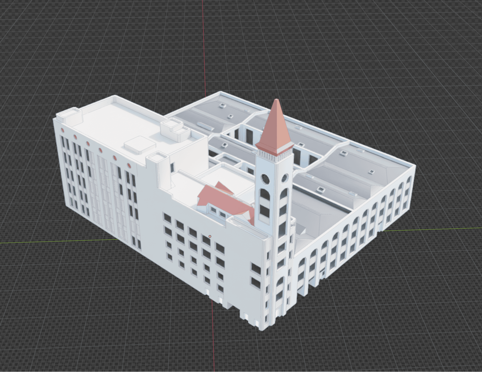 Blender viewport: shaded landmark with Standard-like lighting and readable massing