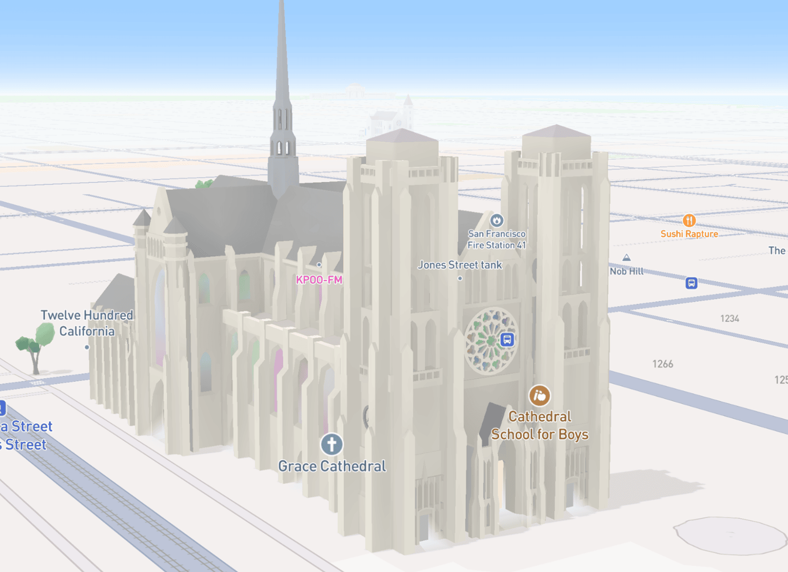 Grace Cathedral on the map with colored stained-glass treatment