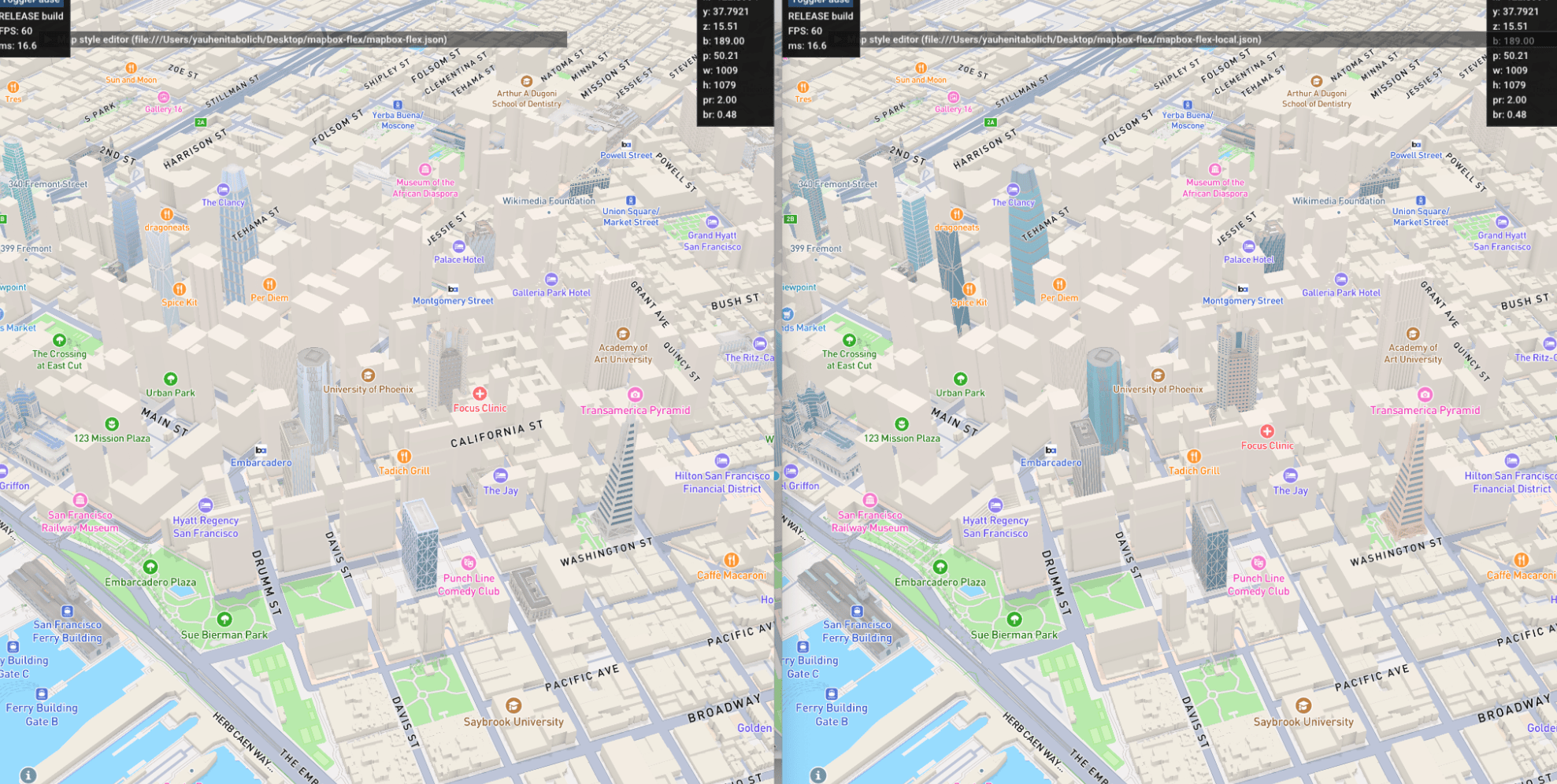 San Francisco 3D map view with colored landmark massing