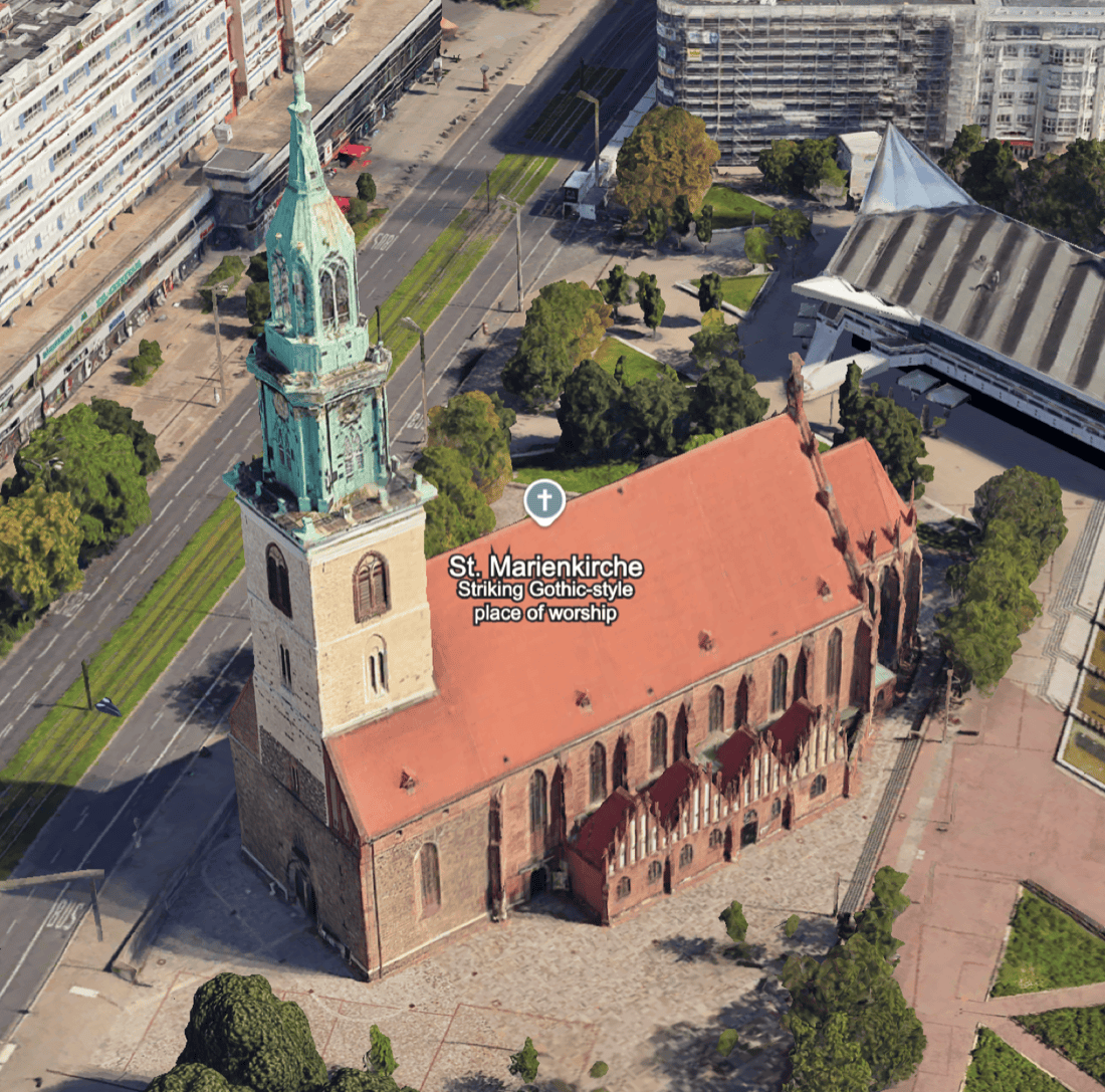 Aerial-style view of colorized downtown blocks