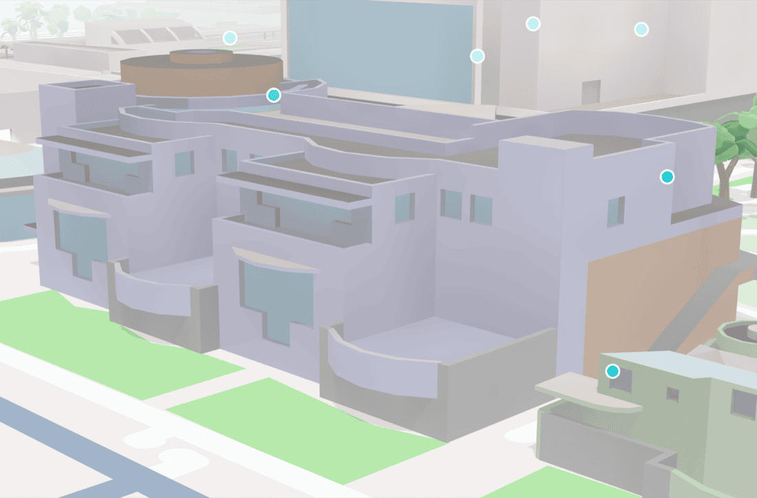 Street-level 3D navigation frame with colored facades
