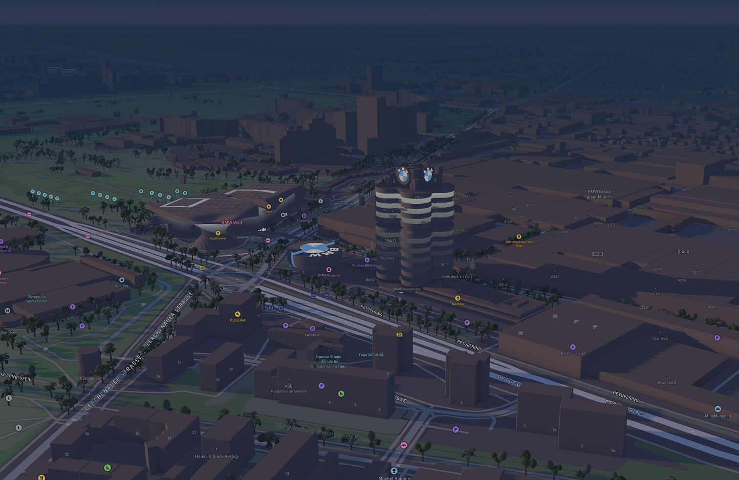 Munich map view with 3D buildings, trees, and lighting before general availability