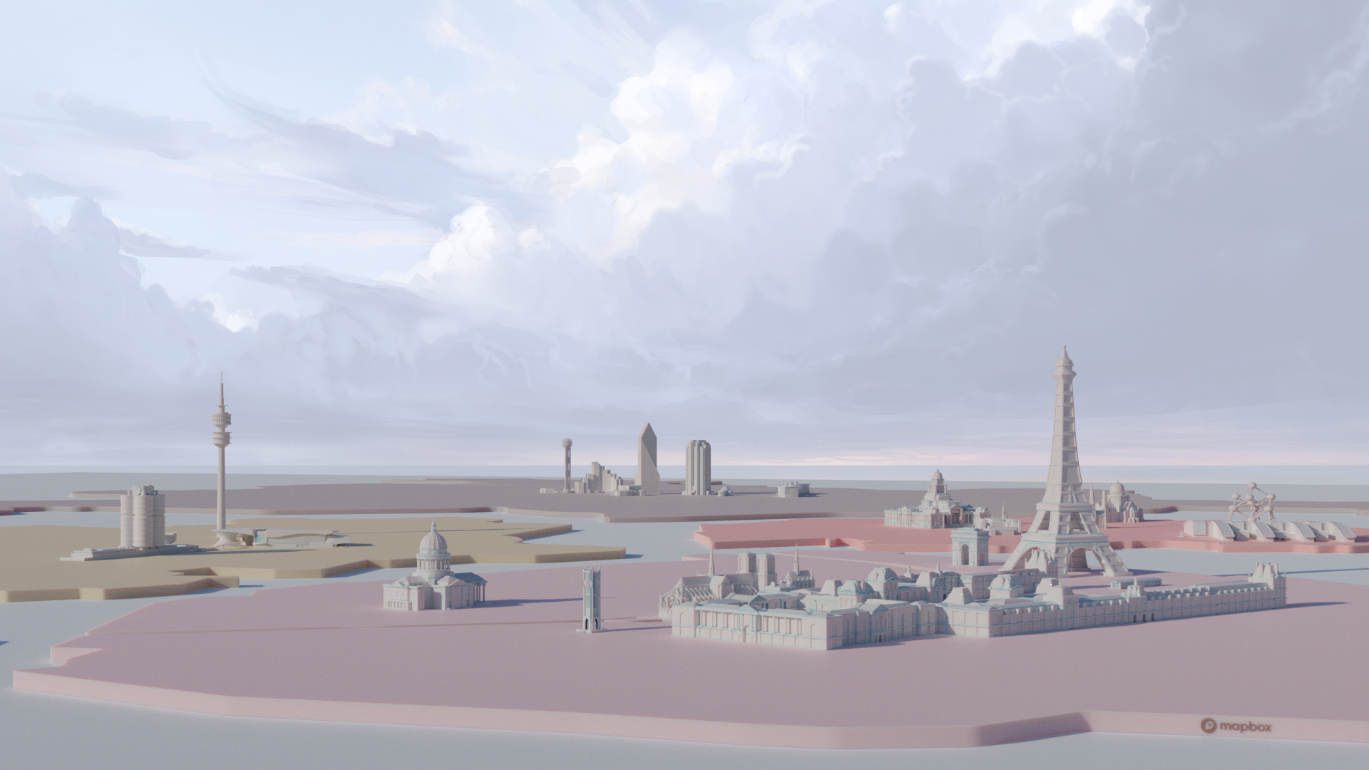 Map views with 3D landmarks in four cities around the world