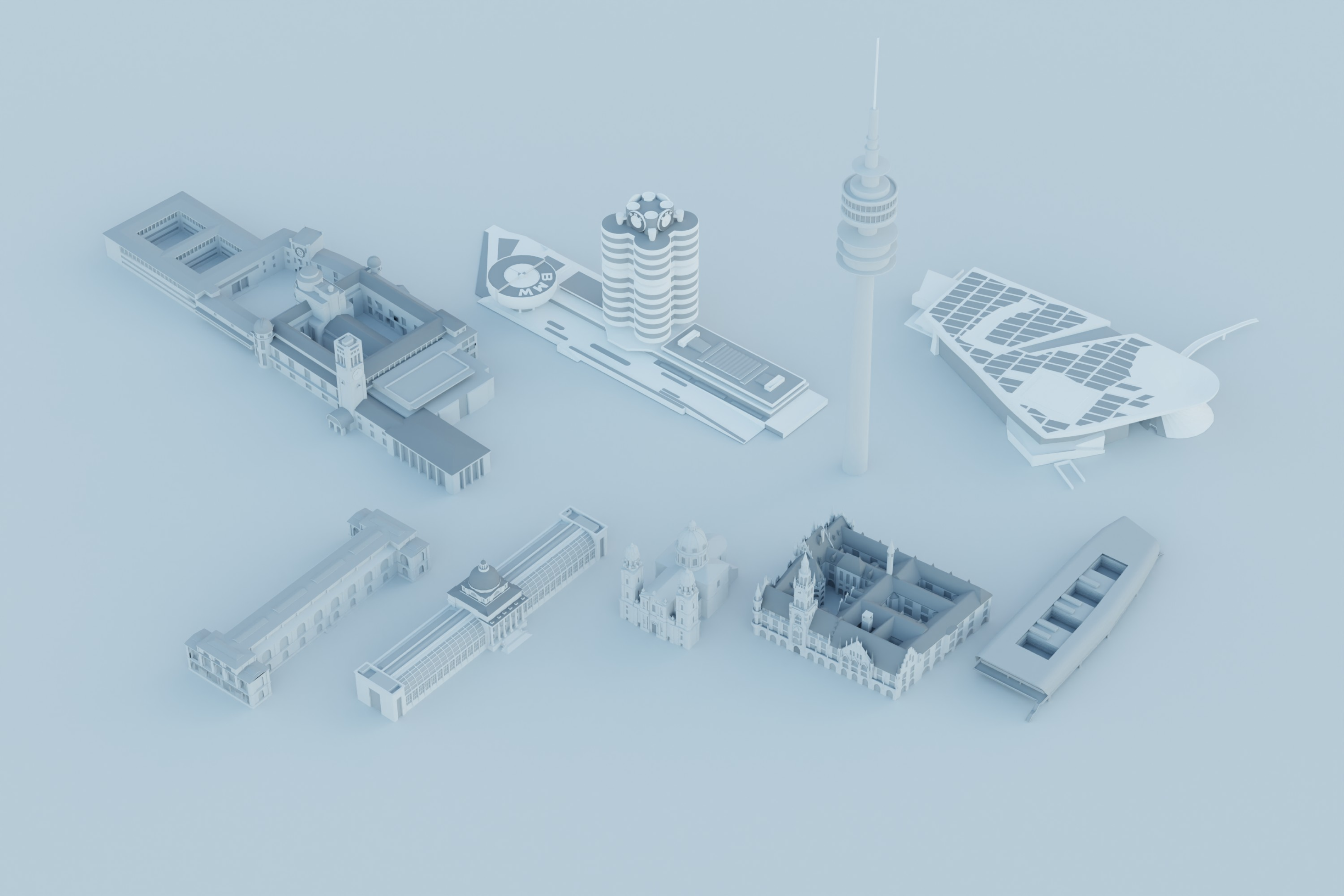 Munich map with monochrome 3D buildings