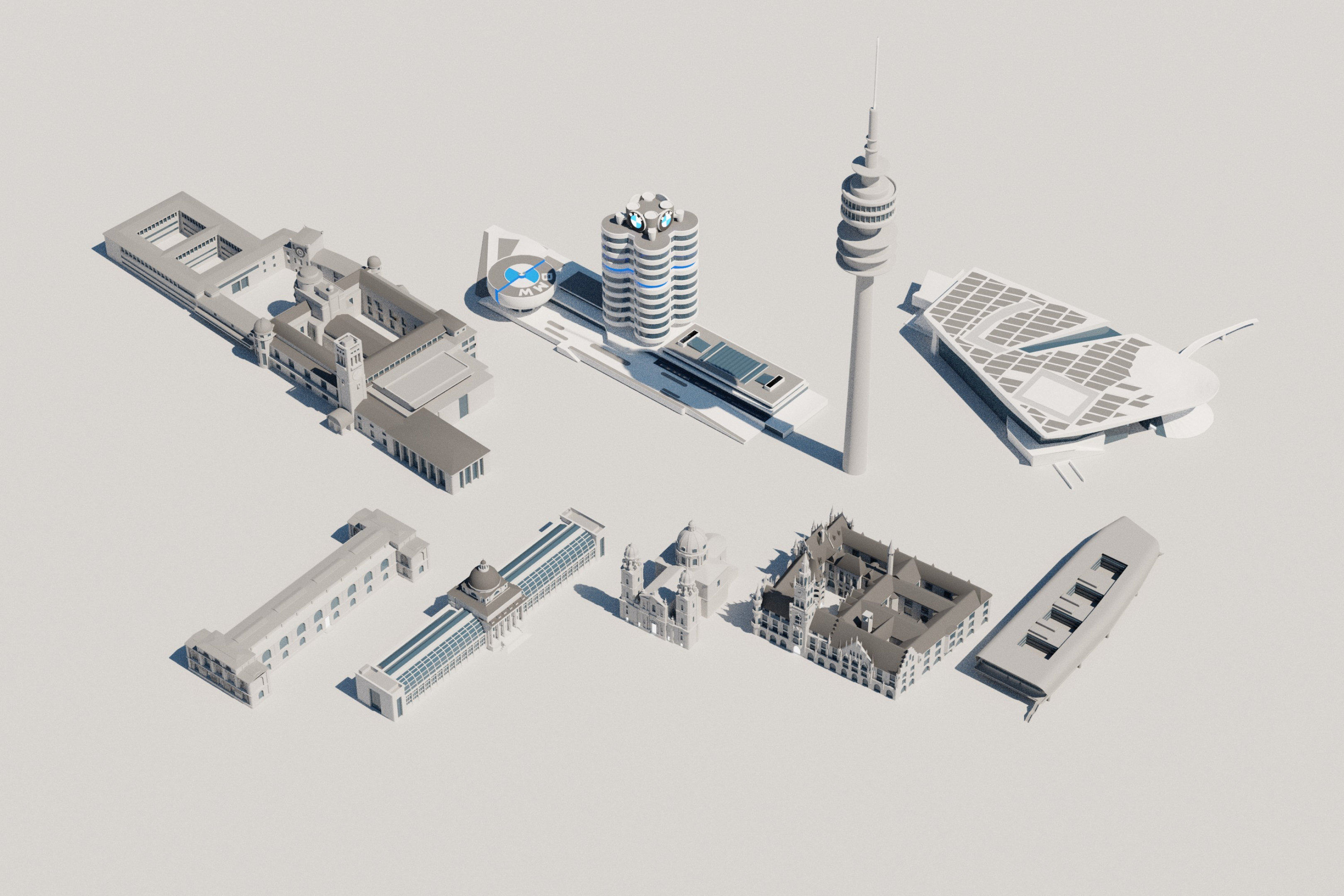 Munich map with monochrome buildings and brand logos on venues