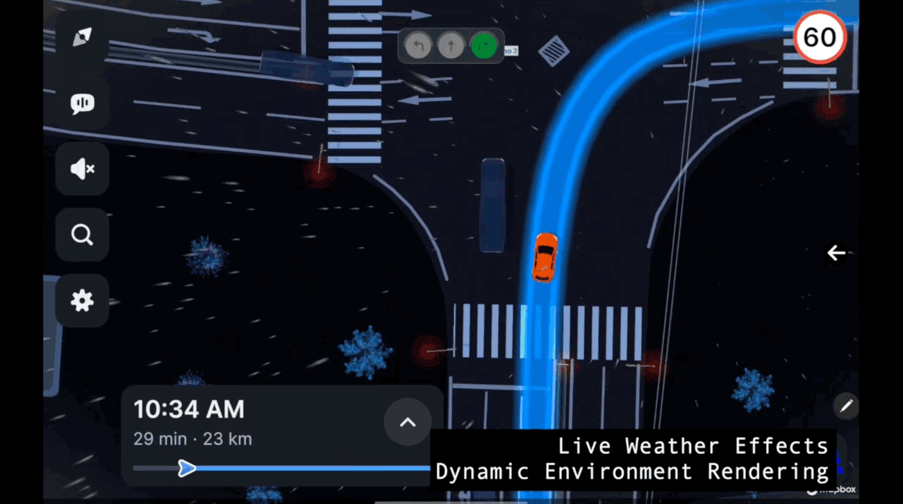 Custom map style with road signs and 3D roadside props along the corridor