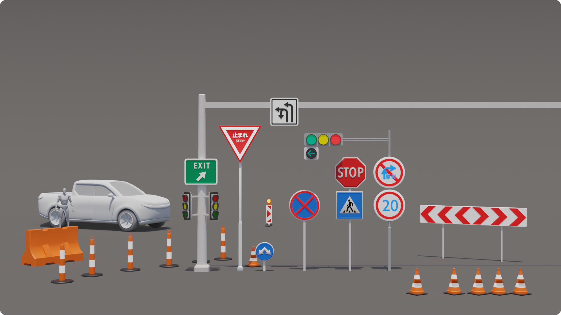 Dense roadside scene on the map: many regulatory signs, poles, and road furniture along the corridor