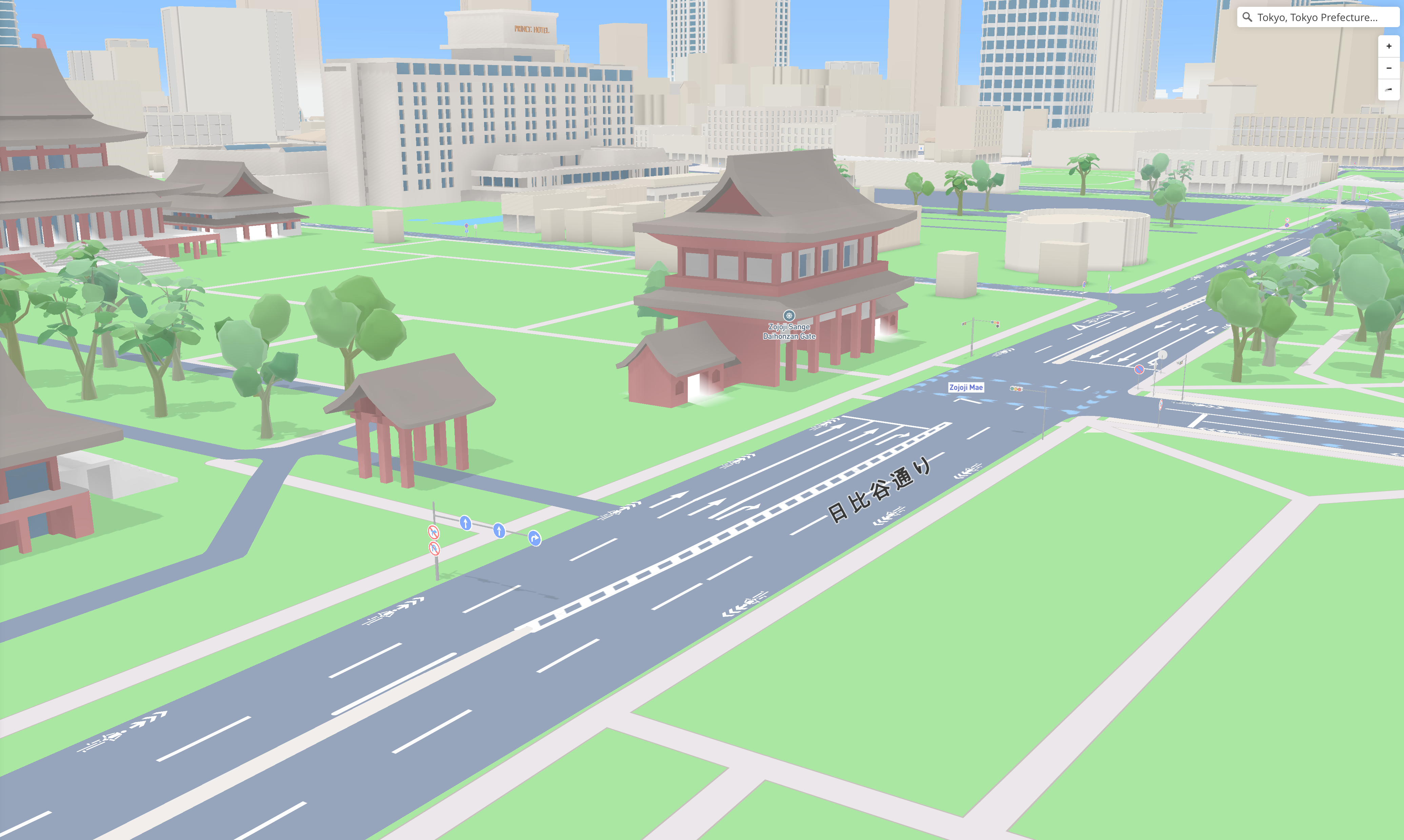 Wide view of a Tokyo road on the map with roadside signs and lane furniture