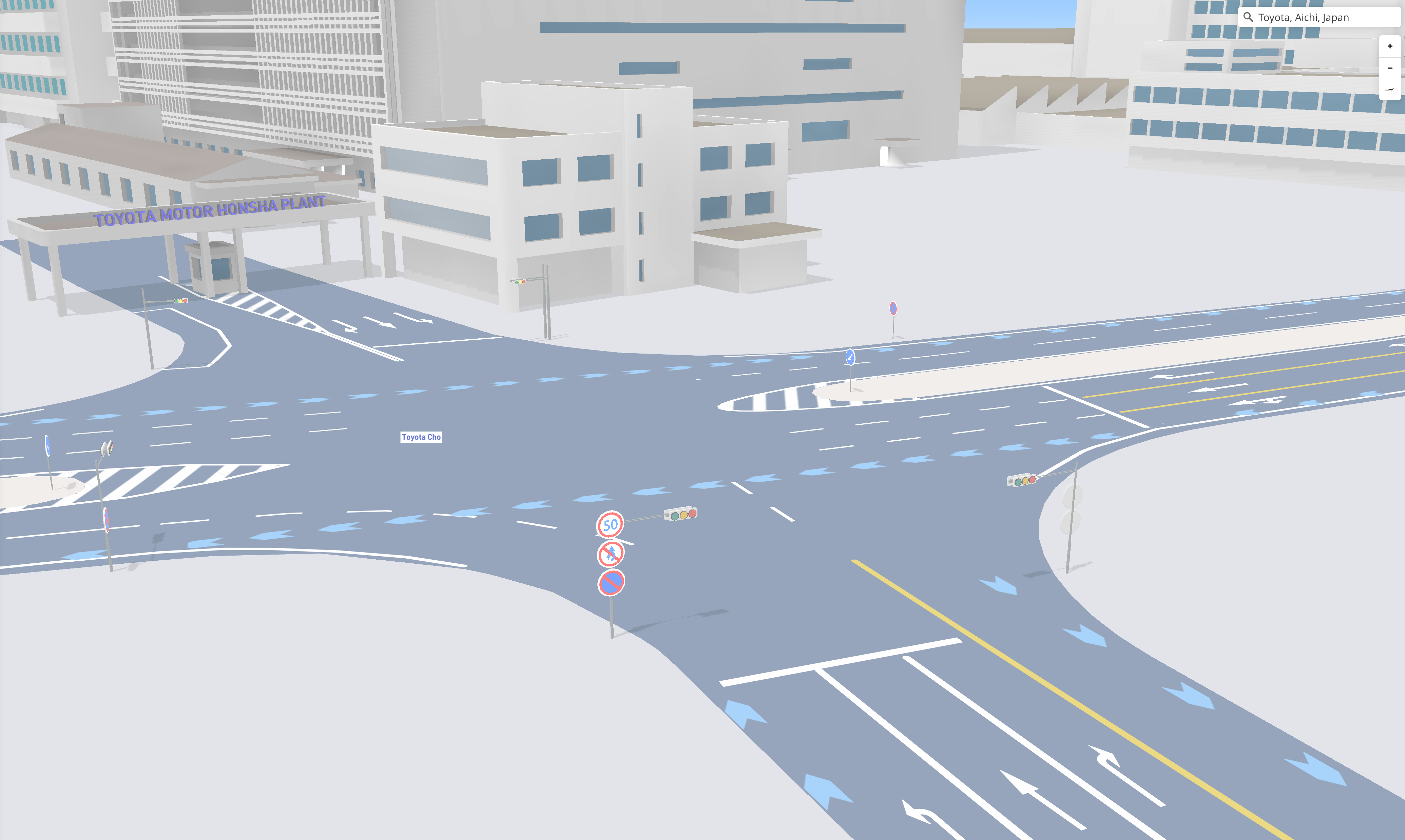 Road signs on the map near the Toyota Motors plant area in Toyota City
